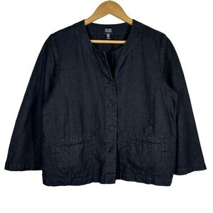 Eileen Fisher Irish Linen Button Up Boxy Jacket in Black M
